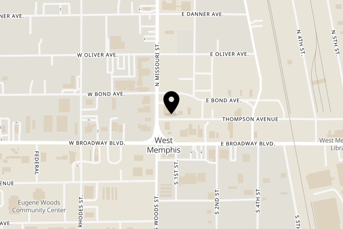 Map showing the location of Mitchell's Breakfast Burritos West Memphis on 106 Thompson Ave in West Memphis